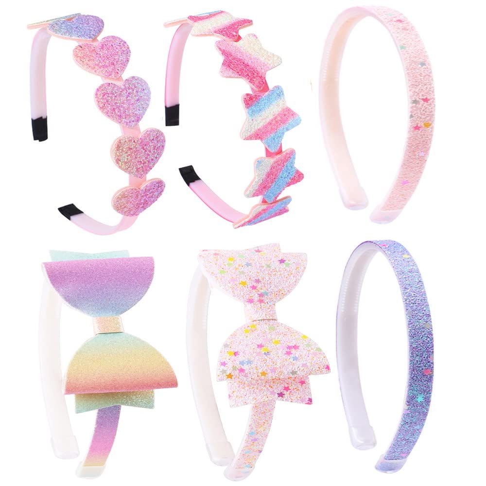 Lizioo 6 Pack Girls Headbands Glitter Kids Headbands BowHeartStar Headbands Sweet Hairband For ToddlerGirlsTeens