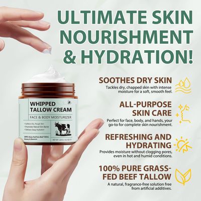 laraspi Beef Tallow for Face, Tallow Face Moisturizer, 4.2 oz Organic Whipped Grass Fed Beef Tallow with Honey Cream for Face &amp; Body, Unscented