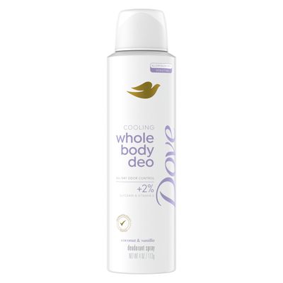 Dove Whole Body Deo Aluminum Free Invisible Spray Deodorant Coconut &amp; Vanilla for 72h Odor Control 4 oz