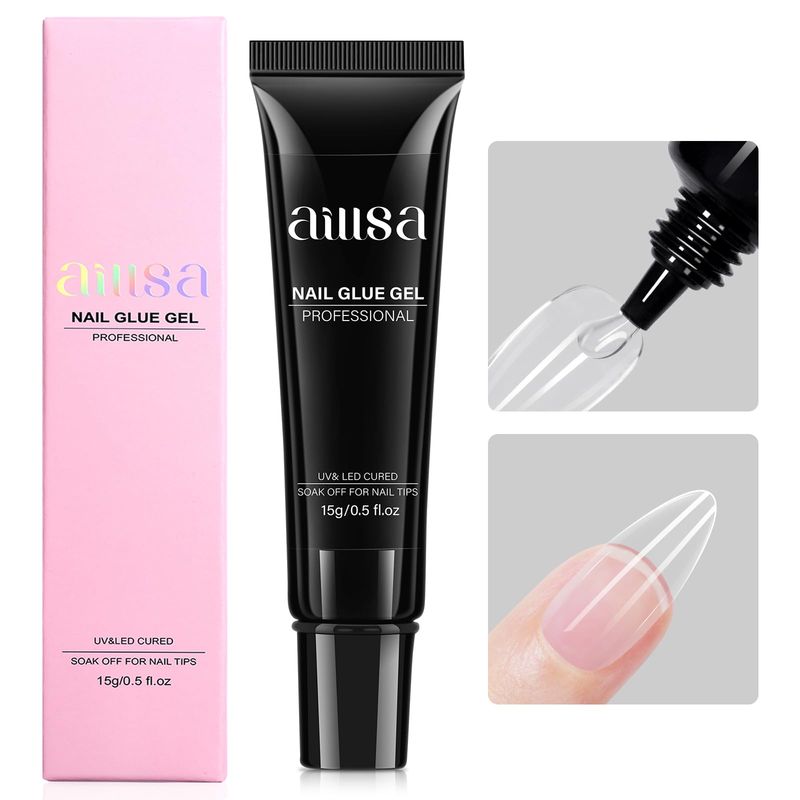 AILLSA Gel Nail Glue for Nail Tips, Solid Super Strong Soft Gel Glue 15g Professional Fake Nail Glue Gel, Acrylic Nail Glue U V Lamp Curing Needed - Long Lasting 30 Days
