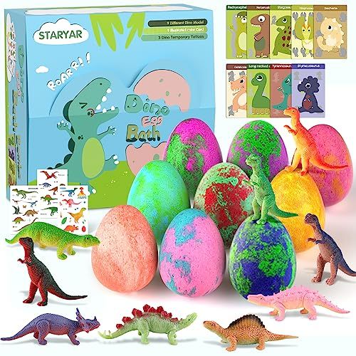 Bath Bombs for Kids with Surprise Toys Inside - 9 Pack Organic Dinosaur Bath Bombs Gift Set, Bubble Bath Fizzers, Dinosaur Toys for Kids 3 4 5 6 7 8 9 Years, Valentines Day Gifts for Kids