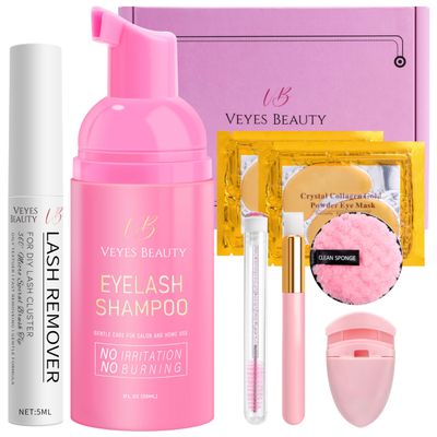 VEYESBEAUTY Lash Shampoo Eyelash Extension Cleanser Lash Cleaning Kit Lash Wash Supplies for Lash Extensions, With Remover, Shampoo, Gel Eye Patch, Eyelash Curler, Cleansing Brush, Mascara Wand