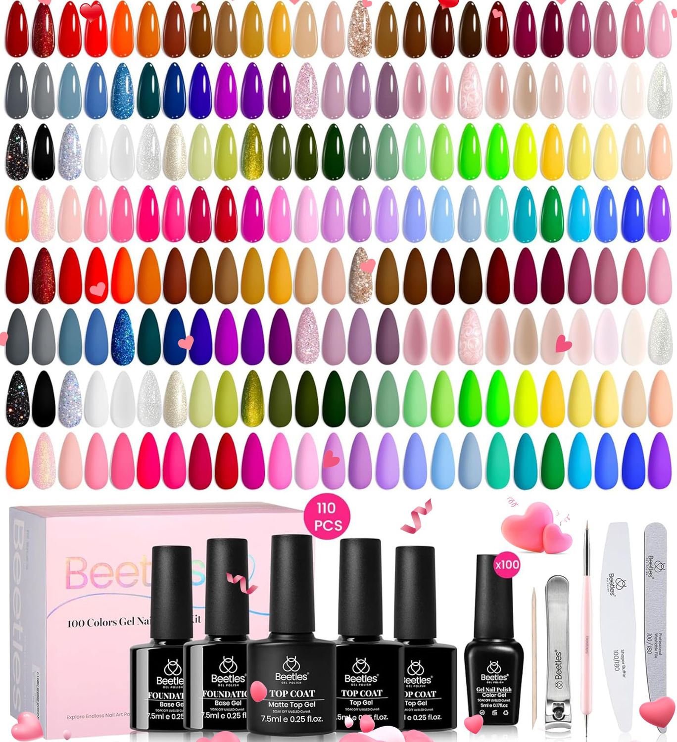 Beetles 110 PCS Gel Nail Polish Set, 100 Colors Infinite Inspiration All Season Red Brown Green Black Gel Polish with 5Pcs Base Top Coat Soak off UV Gel for Manicure Lovers DIY at Home Gifts for Women
