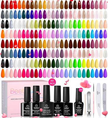 Beetles 110 PCS Gel Nail Polish Set, 100 Colors Infinite Inspiration All Season Red Brown Green Black Gel Polish with 5Pcs Base Top Coat Soak off UV Gel for Manicure Lovers DIY at Home Gifts for Women