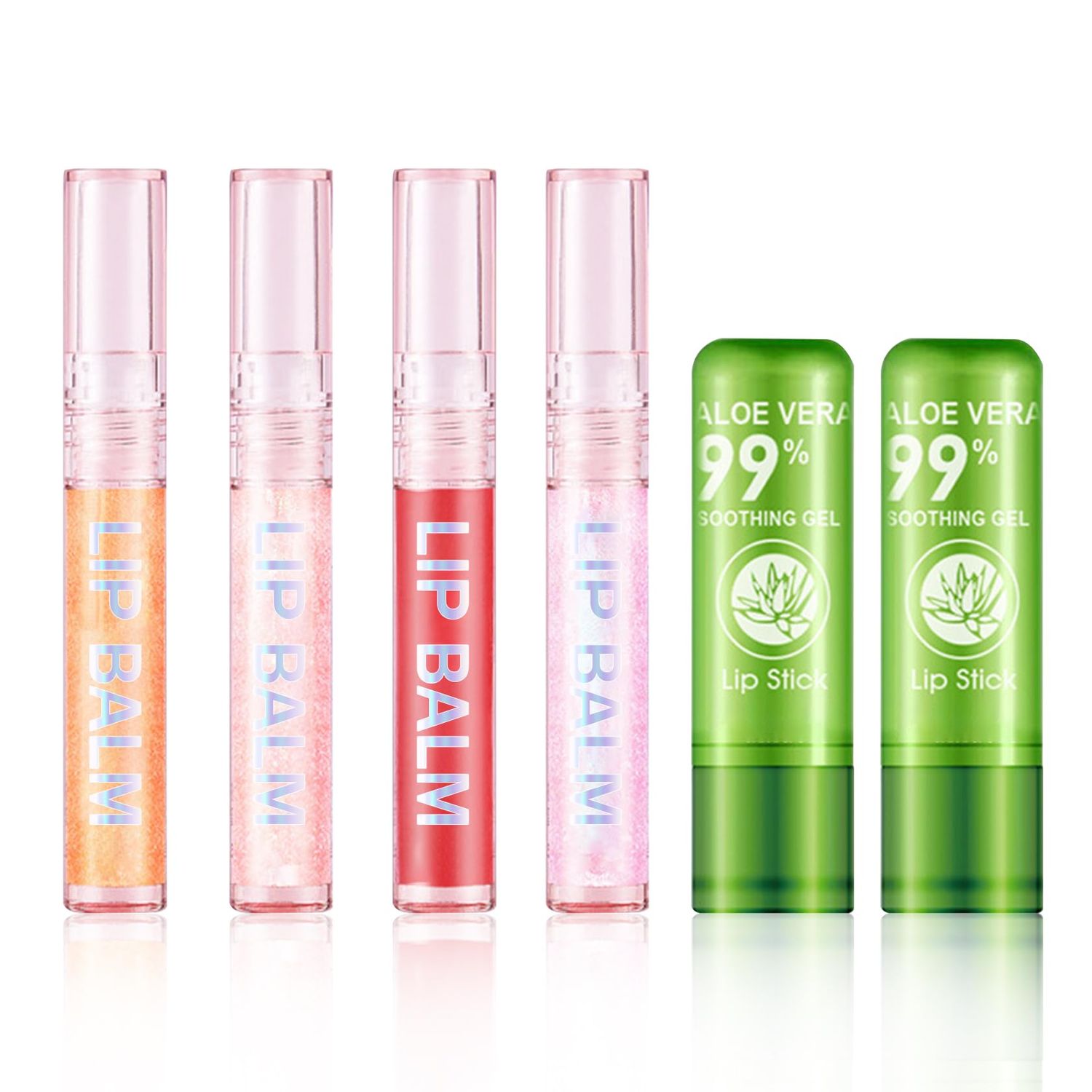DWDiWen 4 Pcs Shiny Lip Gloss Set,Non-sticky Long Lasting Moisturizing Lip Glow Oil Makeup Set with 2 Aloe Vera Color Changing Lipsticks for Women,Tinted Lip Balm &amp; Lip Plumping Lip Gloss Set