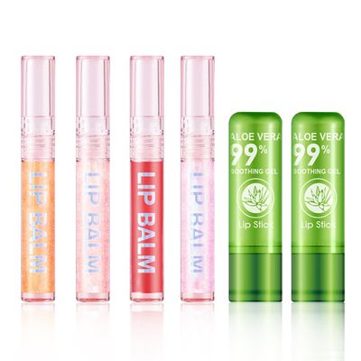 DWDiWen 4 Pcs Shiny Lip Gloss Set,Non-sticky Long Lasting Moisturizing Lip Glow Oil Makeup Set with 2 Aloe Vera Color Changing Lipsticks for Women,Tinted Lip Balm &amp; Lip Plumping Lip Gloss Set
