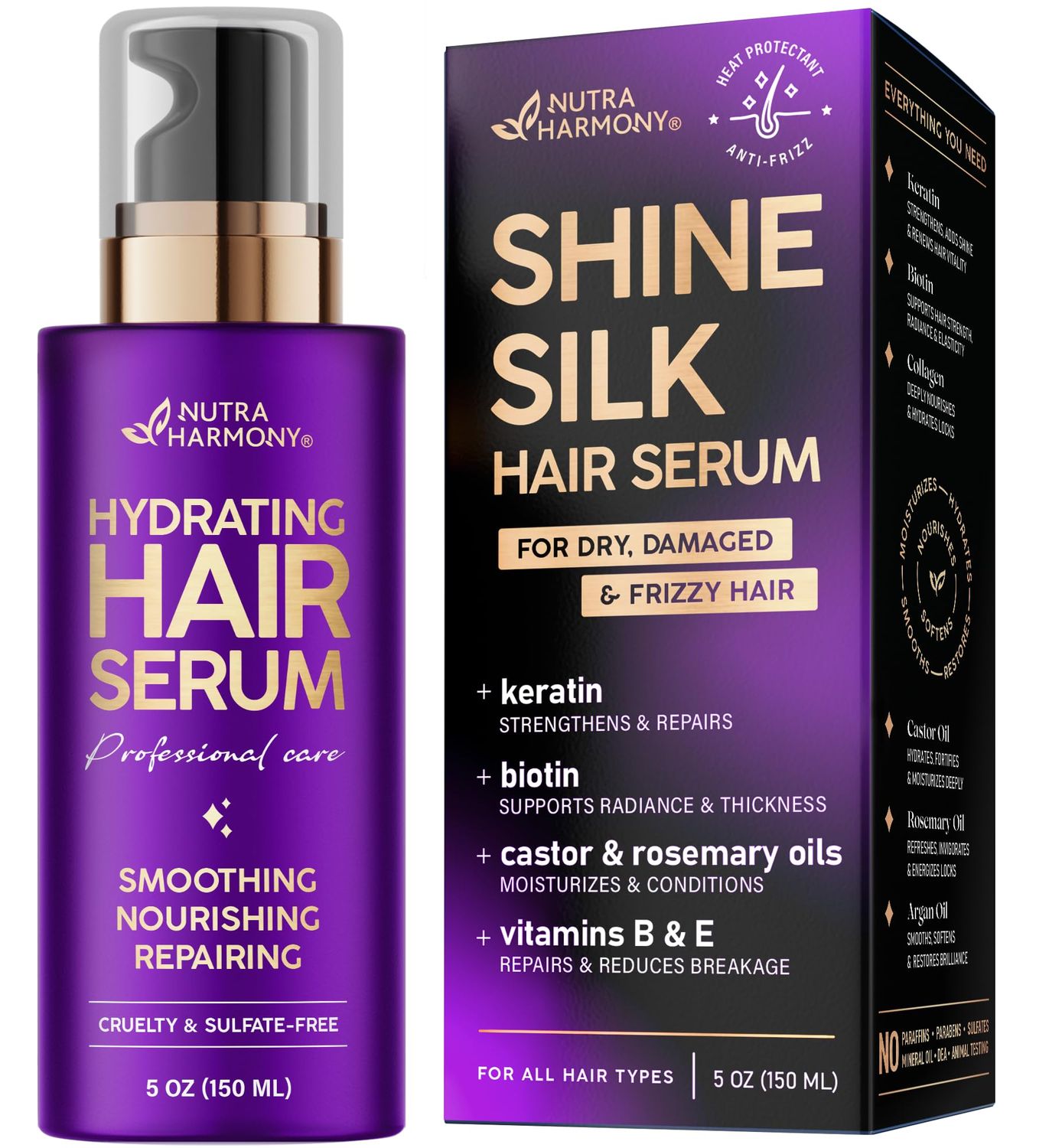Hydrating Hair Serum for Frizzy and Damaged Hair - Keratin Hair Treatment for Dry Damaged Hair w Biotin, Castor Oil, Rosemary Oil, Hair Heat Protectant &amp; Anti Frizz Hair Serum For Frizzy Hair, 5 Oz