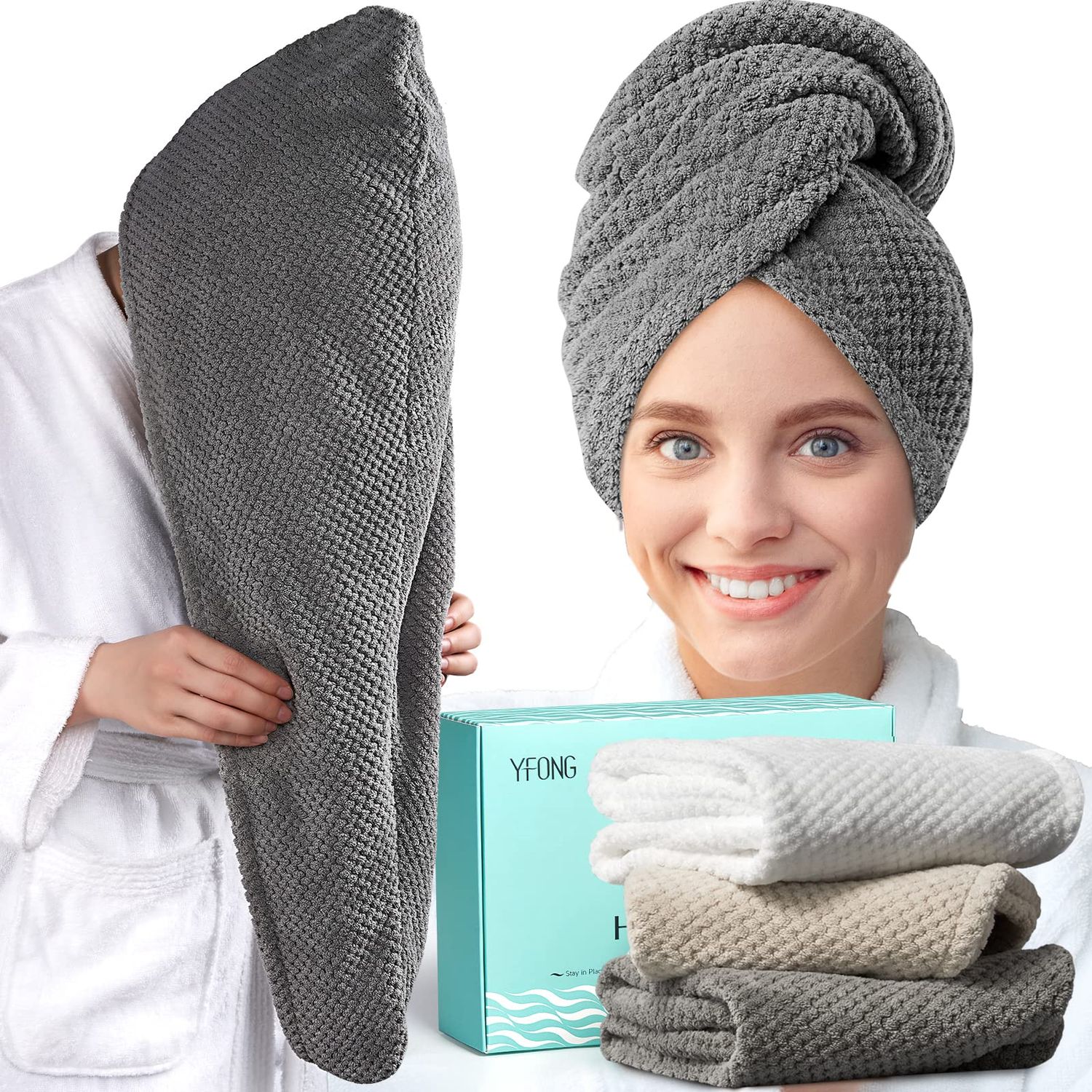 YFONG 3 Pack Large Microfiber Hair Towel Wrap, 30&quot; x 10&quot; Anti Frizz Quick Dry Hair Towels for Women Long, Curly, Thick Hair, Super Absorbent Hair Turban for Wet Hair (Grey, White, Camel)