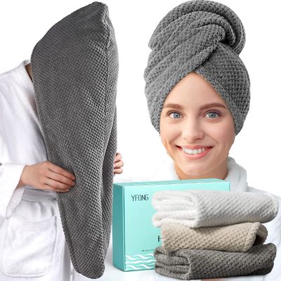 YFONG 3 Pack Large Microfiber Hair Towel Wrap, 30&quot; x 10&quot; Anti Frizz Quick Dry Hair Towels for Women Long, Curly, Thick Hair, Super Absorbent Hair Turban for Wet Hair (Grey, White, Camel)