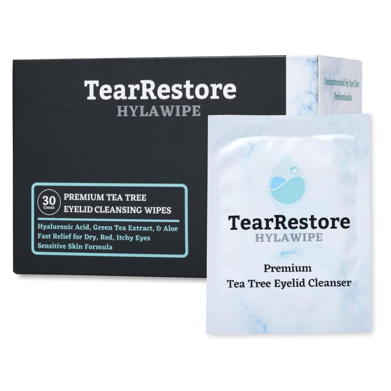 TearRestore Tea Tree HylaWipe Eyelid Wipes - 30 Count | Naturally Hydrating Cleanser | Blepharitis Treatment for Eyelids | Hypoallergenic Eye Wipes for Dry, Red, Itchy, Swollen and Irritated Eyes