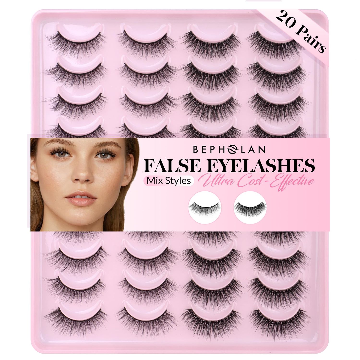 Bepholan False Eyelashes 20 Pairs Pack Natural Look Fluffy 3D False Lashes Soft Faux Mink Strip Lashes Volume Fake Eye LashesH02)