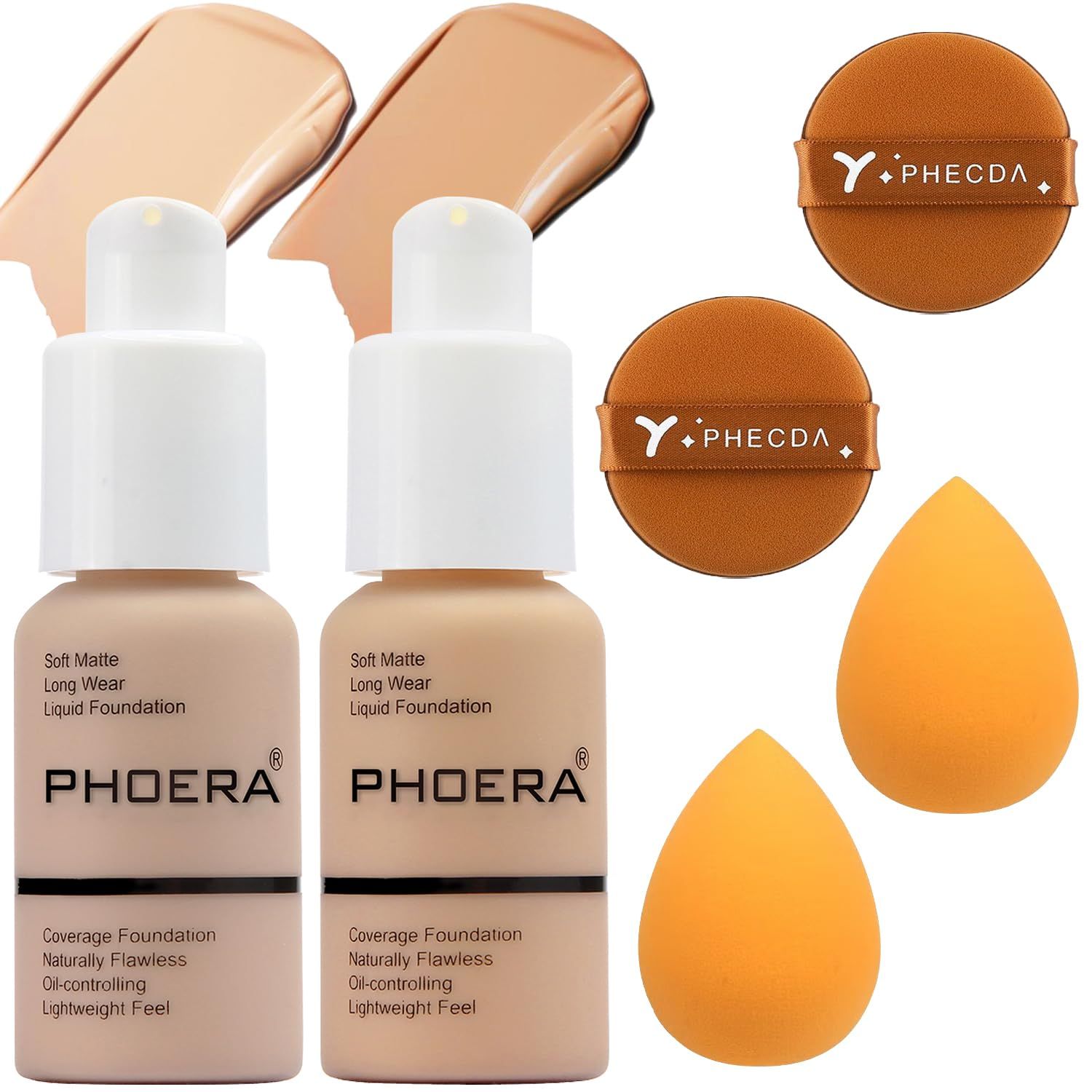 Foundation Set, 2Pcs Flawless Foundation and Makeup Spong Set for Natural Look, Waterproof, Medium Coverage, Matte Finish, Oil-Control, Odorless, Super Stay Up to 12 Hour (102 &amp; 104)