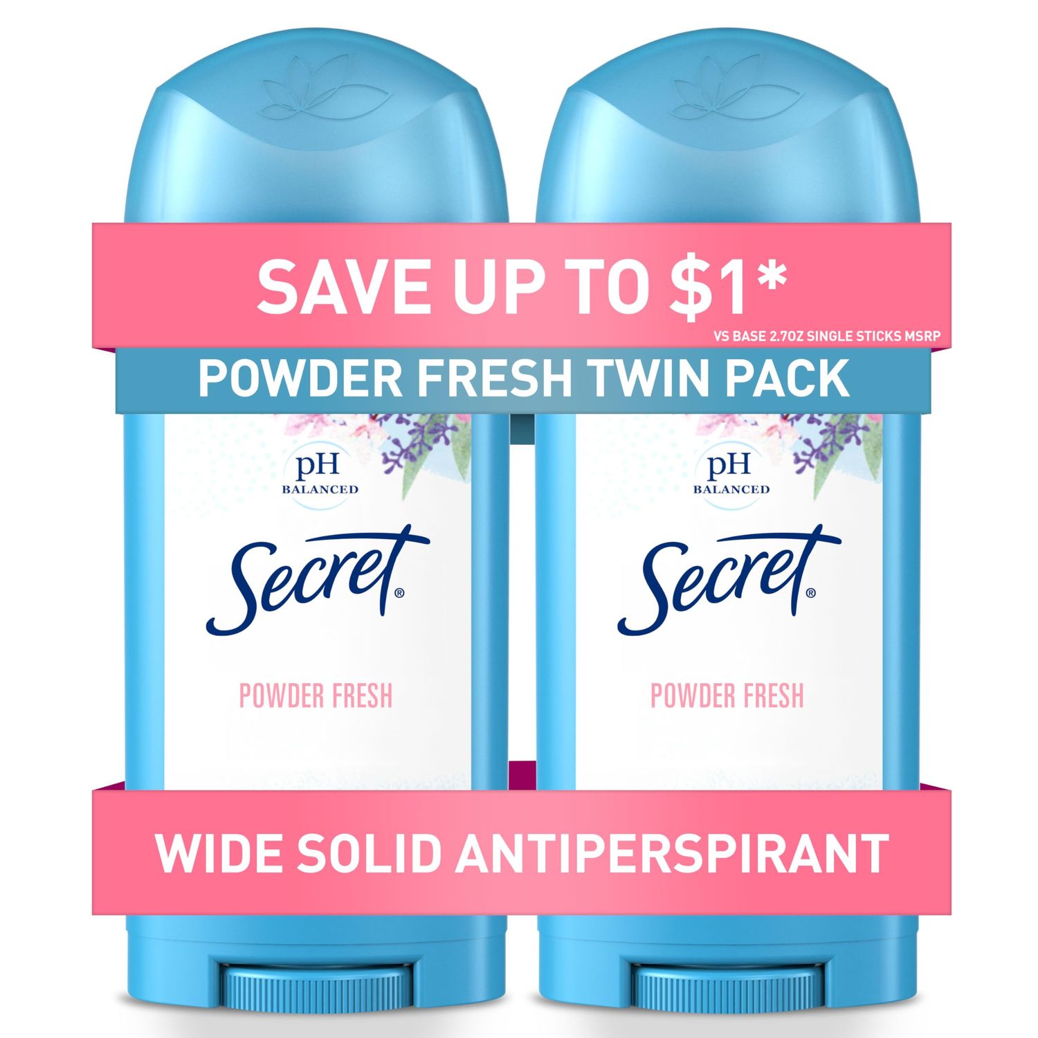 Secret Antiperspirant and Deodorant for Women, 24hr Sweat &amp; Odor Protection, PH Balanced Protection, Gentle on Skin, Wide Solid, Powder Fresh Scent, 2.7 oz (Pack of 2)