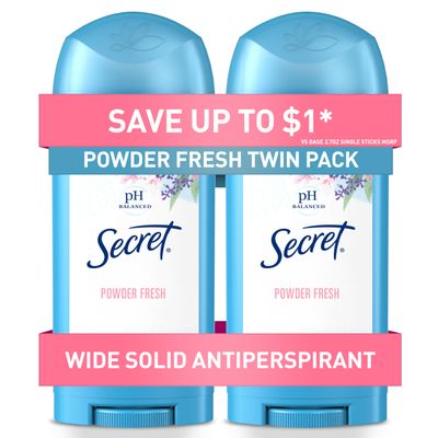 Secret Antiperspirant and Deodorant for Women, 24hr Sweat &amp; Odor Protection, PH Balanced Protection, Gentle on Skin, Wide Solid, Powder Fresh Scent, 2.7 oz (Pack of 2)