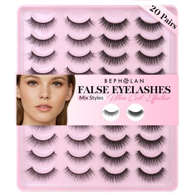 Bepholan False Eyelashes 20 Pairs Pack Natural Look Fluffy 3D False Lashes Soft Faux Mink Strip Lashes Volume Fake Eye LashesH02)