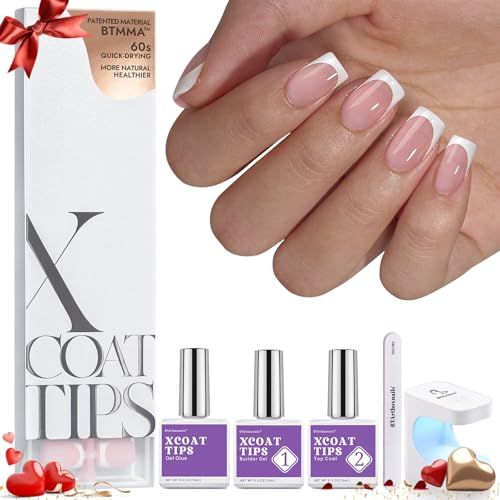 BTArtboxnails XCOATTIPS Gel Nail Kit - Short Squre French Tip Press on Nails Kit, Pink Soft Gel Nail Tips with Nail Gel, French Protecing Duo and Nail Lamp for Nail DIY