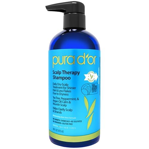 PURA D'OR Therapy Shampoo (16oz) Hydrates &amp; Nourishes - Scalp Care Shampoo For Itchy Flaky Scalp w Tea Tree, Peppermint, Patchouli, Cedarwood, Clary Sage, Argan Oil (Packaging may vary)