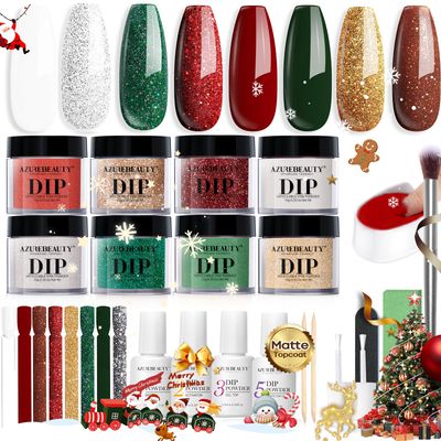 AZUREBEAUTY 30Pcs Dip Powder Nail Kit Starter, 8 Colors Green Red Gold Silver White with Nail Sticks, Nail Art Liquid Set with MatteBaseTop Coat Activator for French Manicur