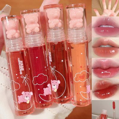 Baorder 4Pcs Bear Lip Glaze Hydrating Jelly Lip Gloss,Jelly Liquid Lipstick Cute Bear Lipgloss Moisturizing Lip Stain Plumping Water Lip Gloss Waterproof Long Lasting Cheek Rouge Tint Makeup (4, A)