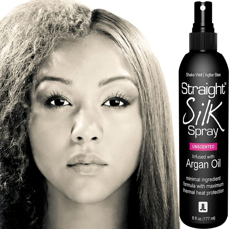 Straight Silk Spray with Moroccan Argan Oil | Hair Straightening Protector &amp; Detangler | Alcohol-Free | Heat Protectant up to 450F | Flat-Iron | Blow-Dry | Unscented | Hair Spray | MADE IN USA (6oz)