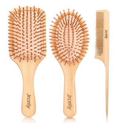 3PCS Bamboo Hair Brush Set,Natural Wooden Brush for Women, madam, Paddle Detangling Brush for DryCurlyThickThinStraight Hair