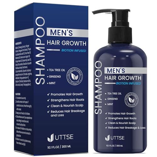 Uttse Biotin Hair Growth Shampoo for Men Natural Thickening Shampoo with Tea Tree Oil Ginseng Mint for Hair Loss and Thinning Hair - 10.1 fl.oz, Dark Blue
