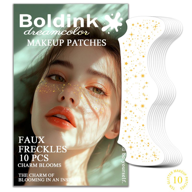 Boldink 10 Pcs Gold Face Makeup Patches,Glitter Freckles Face Tattoo,Waterproof Face Glitter Speckles,Faux Freckle Patches,Temporary Face Freckles For Women(Gold Star)