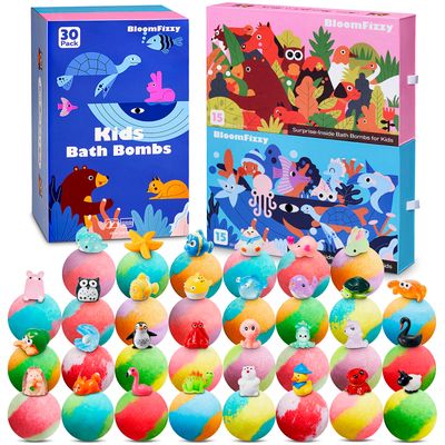30 Kids Bath Bombs with Surprise Inside, Gift Set with 30 Unique Land &amp; Sea Animal Toys, Fun, Educational, and Child-Safe Natural Bath Bombs with Toys Inside for Girls and Boys