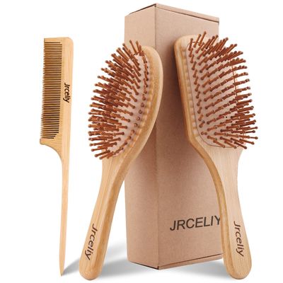 3PCS Bamboo Hair Brush Set,Natural Wooden Brush for Women, madam, Paddle Detangling Brush for DryCurlyThickThinStraight Hair