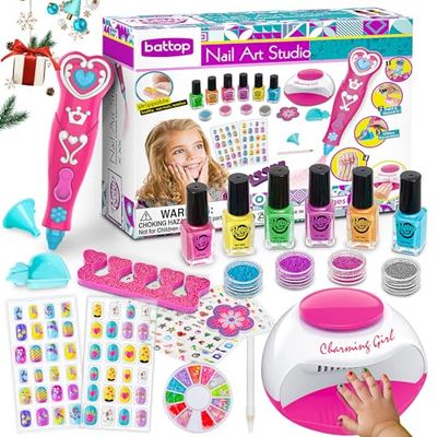 BATTOP Kids Nail Polish Set for Girls, Nail Art Kits with Nail Dryer &amp; Glitter Pen, Quick Dry &amp; Peel Off &amp; Non-Toxic Nail Polish, Christmas Birthday Gifts for Girls Ages 6 7 8 9 10 11 12