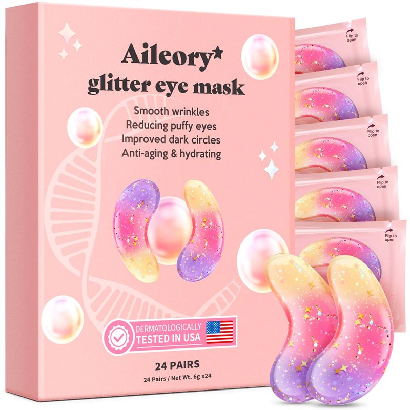 AILEORY Under Eye Patches (24 Pairs)-New Tri-color Glitter Eye Gel Pads for Dark Circles Puffy Eyes,Under eye Bags,Wrinkles|Natural Collagen Under Eye Mask Patches for Women Teen