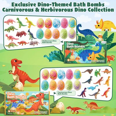 JuraFizz Dinosaur Bath Bombs for Kids with Surprise Inside, 20 Pack Natural Dino Egg Bath Bombs with Exclusive Carnivorous &amp; Herbivorous Dinosaur Toys, Christmas Stocking Stuffers for Kids Boys Girls