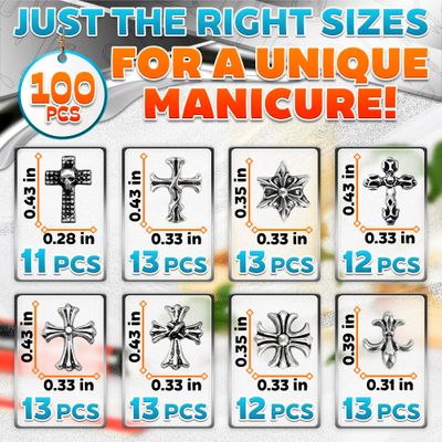 100 Pcs Cross Nail Charms and Gems - Nail Cross Charms for Nails Design Silver Nail Charms Y2k Nail Gems for Nails 3d Nail Charms Bulk Nail Jewels - Nail Art Charms Nails With Charms Cross Nail Charm