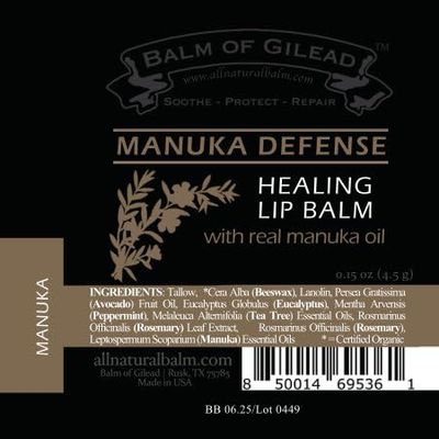 Manuka Defense Healing Lip Balm, Intensive Moisture Therapy, Manuka Tea Tree | Cooling Peppermint | Chapped Lip Relief, Cracked Lips Treatment Repair, Pack Of 4-0.15 oz Tube