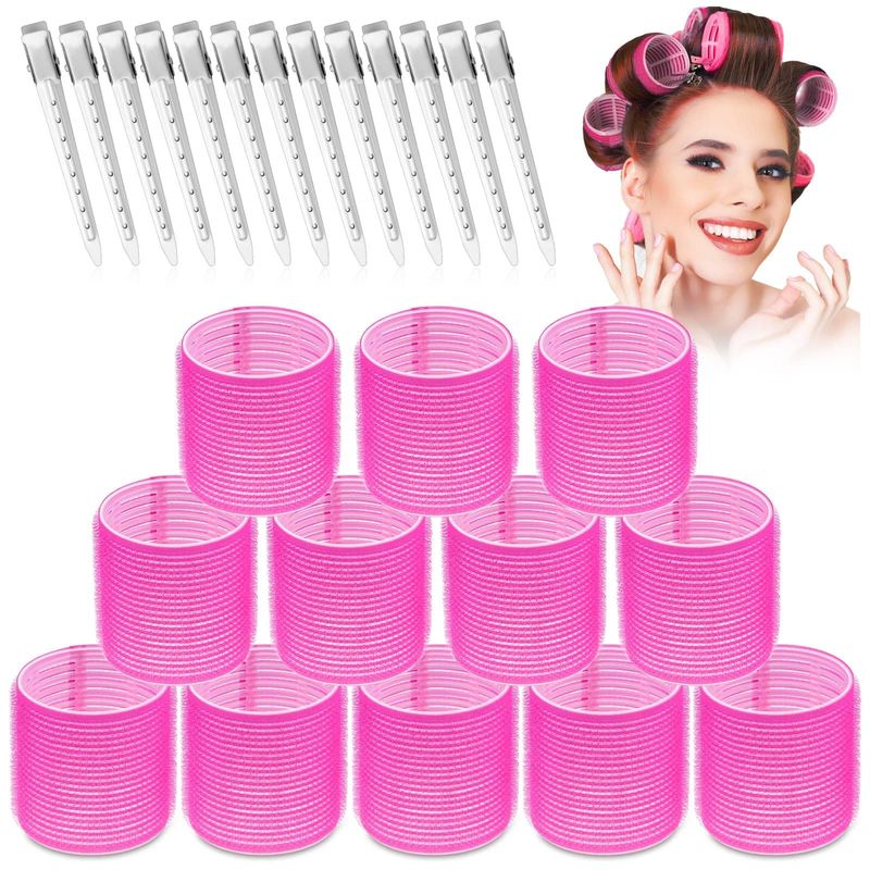 Jumbo Hair Rollers Set - 24 Pieces with 12 Large Rollers and 12 Clips for Voluminous Long Thick Hair (Hot Pink)