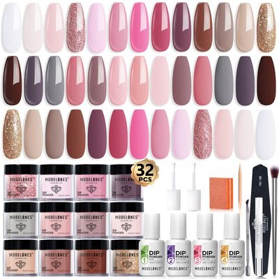 Modelones 20 Colors Dip Powder Nail Kit, Nail Dip Powder Kit Starter Set Nude Pink Skin Glitter DIY Manicure Dipping Powder Kit System with Activator Base Top Coat for Beginner