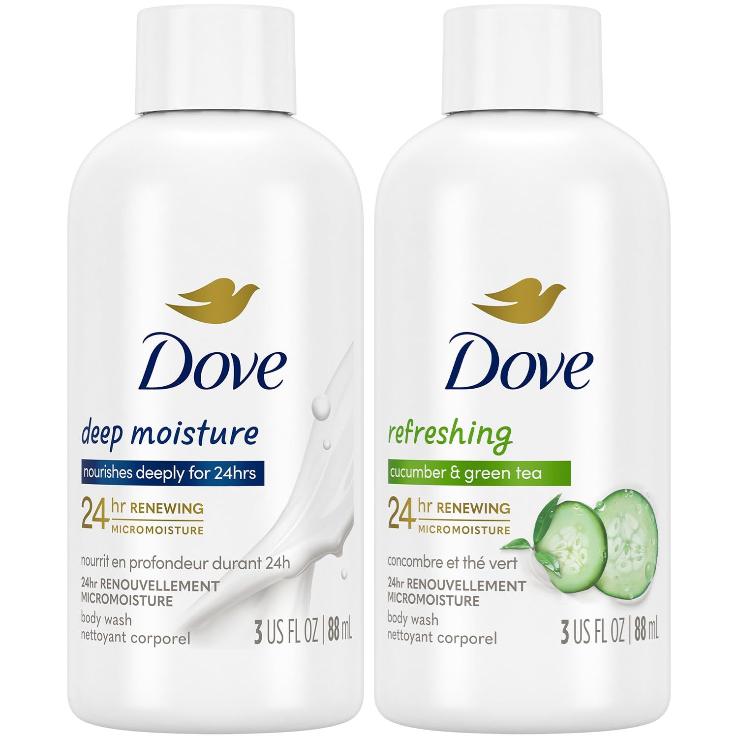 Dove Body Wash Travel Essentials Variety 2-Pack - Refreshing Cucumber &amp; Green Tea  Deep Moisture Nourishing Body Washes, 3 Oz Ea