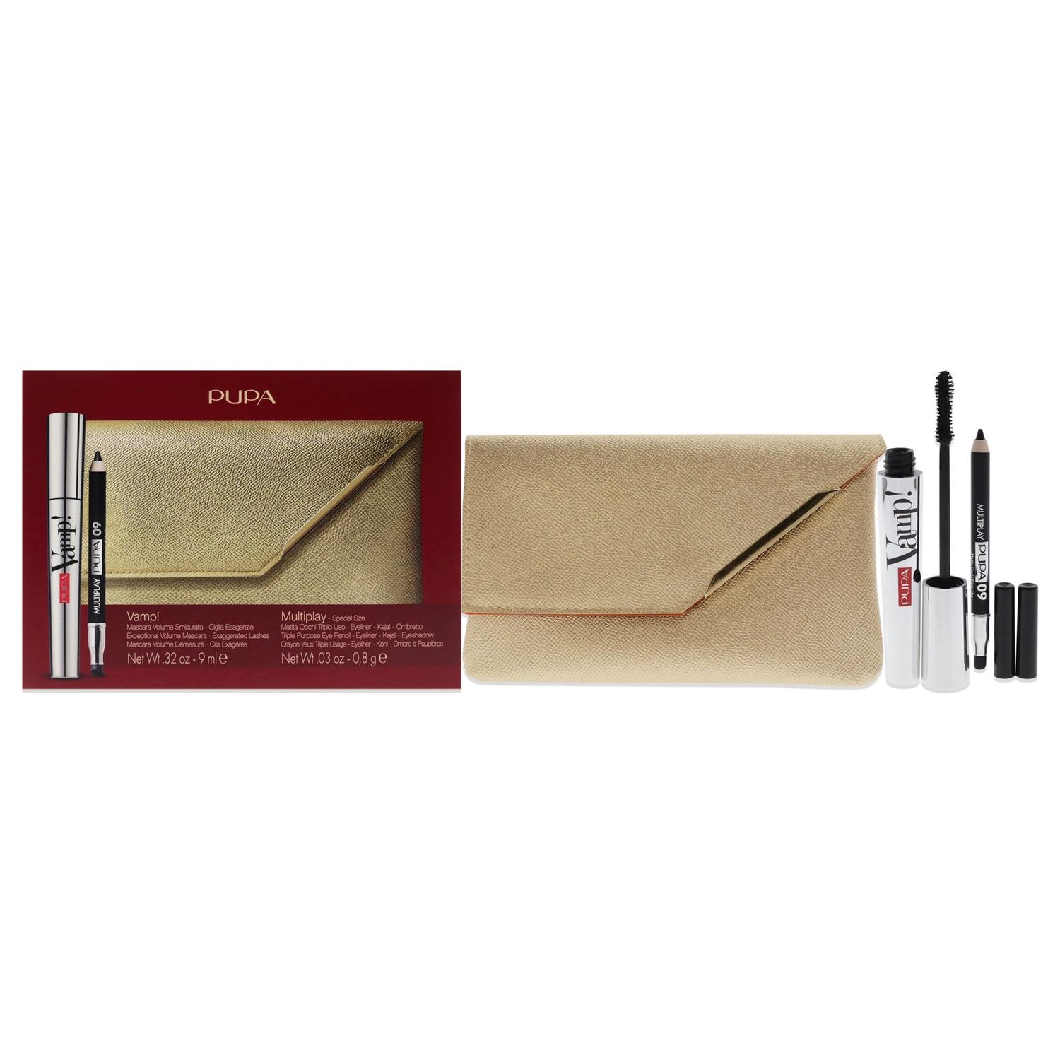 PUPA Milano Vamp! And Multiply Set - Volume Mascara And Triple Purpose Eye Pencil - High Definition Lashes - Intense Color Payoff With A Blendable Finish - Envelope Gold Clutch Bag - 3 Pc Mascara Kit