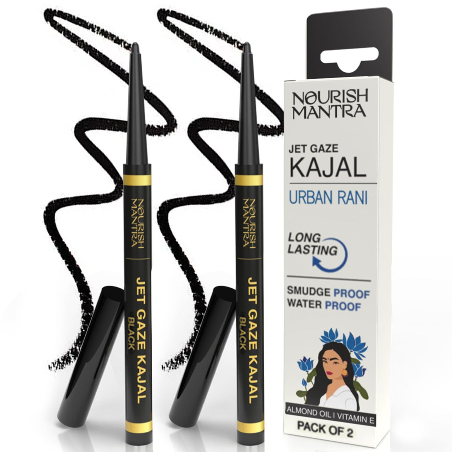 NOURISH MANTRA Jet Gaze Kajal Urban Rani - Combo - Black &amp; Black 0.35g with Almond Oil, Argan Oil &amp; Vitamin EIntense PigmentationSmudge ProofWater ProofLong Lasting