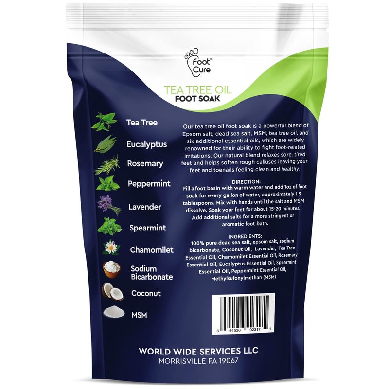 Tea Tree Oil Foot Soak with Epsom Salt - For Toenail Repair, Athletes Foot, Softens Calluses, Soothes Sore &amp; Tired Feet, Nail Discoloration, odor Scent, Spa Pedicure Care - Made in USA 16 oz
