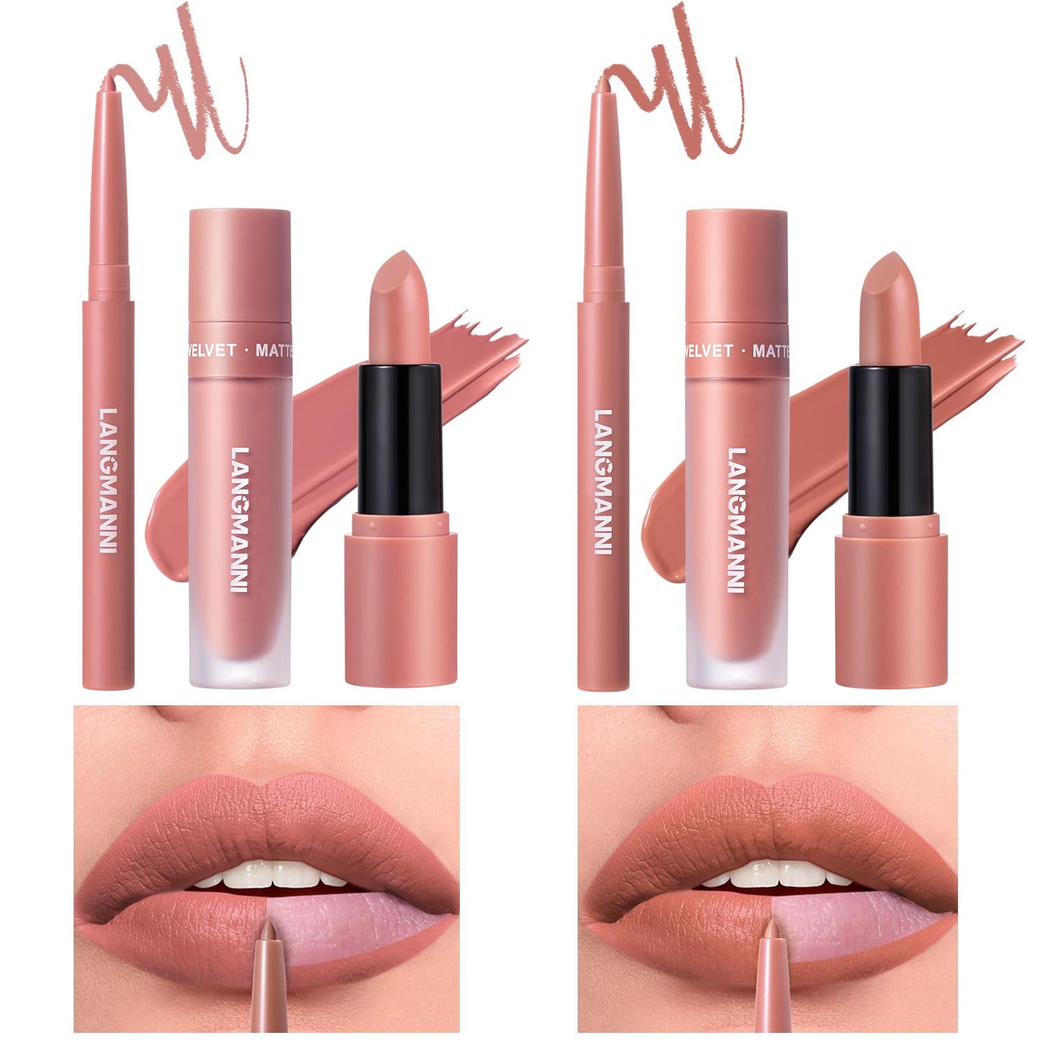 Jolilab 6 in 1 Matte Velvet Lipstick Set-Lip Liner, Lip Gloss and Lipstick, Waterproof Longlasting SmudgeProof Pigment Nude Non-Stick Cup Women Lip Makeup, Perfect for Natural Lip Contour (0102, 1)