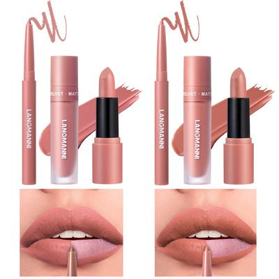Jolilab 6 in 1 Matte Velvet Lipstick Set-Lip Liner, Lip Gloss and Lipstick, Waterproof Longlasting SmudgeProof Pigment Nude Non-Stick Cup Women Lip Makeup, Perfect for Natural Lip Contour (0102, 1)
