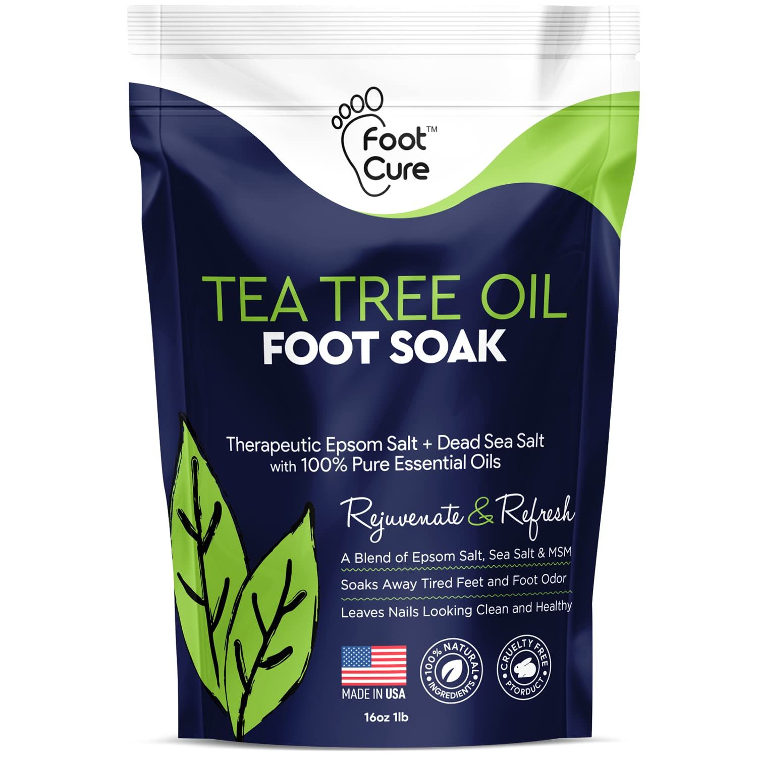 Tea Tree Oil Foot Soak with Epsom Salt - For Toenail Repair, Athletes Foot, Softens Calluses, Soothes Sore &amp; Tired Feet, Nail Discoloration, odor Scent, Spa Pedicure Care - Made in USA 16 oz
