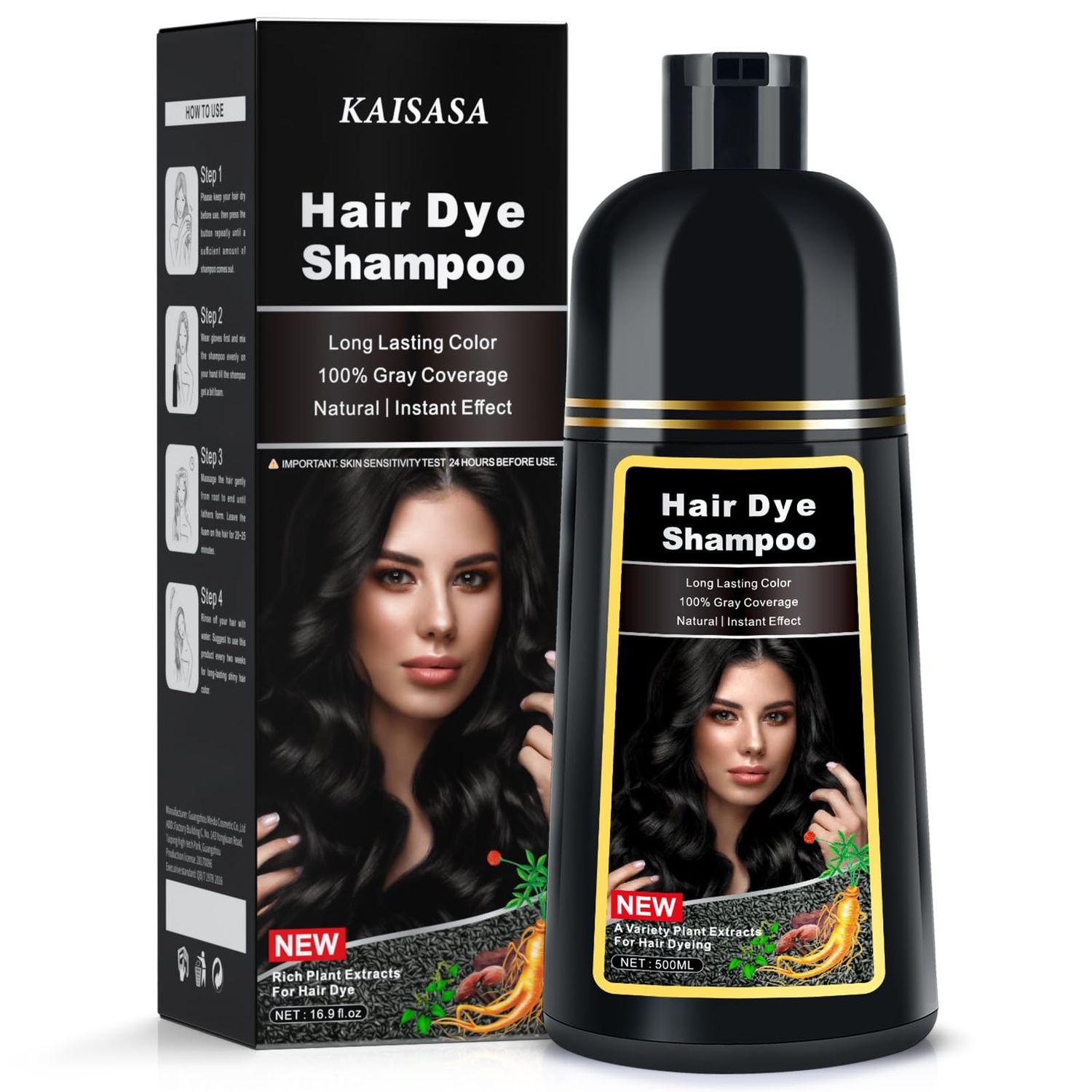 KINGMING Black Hair Dye Shampoo 3 in 1, Hair Color Shampoo for Women Men Grey Hair Coverage, Herbal Ingredients Champu Con Tinte Para Canas 500ml (Black)