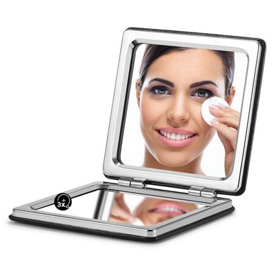 OMIRO Compact Mirror, Classical PU Leather 1X3X Magnification, Pocket Ultra Portable for Purses and Travel (Black)