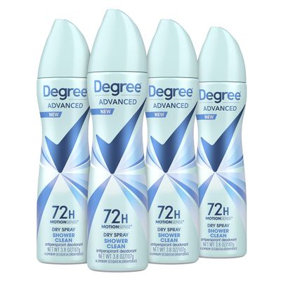 Degree Advanced Antiperspirant Deodorant Dry Spray 72-Hour Sweat and Odor Protection Shower Clean Deodorant Spray For Women With MotionSense Technology 3.8 oz, Pack of 4