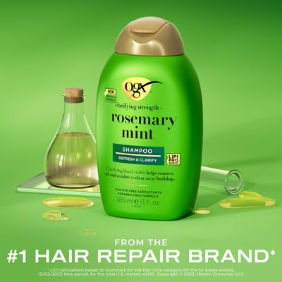 OGX Clarifying Strength Rosemary Mint Shampoo, Clarifying Shampoo Visibly Helps Remove Oil & Residue to Clear Away Buildup from Oily Hair, Sulfate-Free Surfactants, 13 fl. oz
