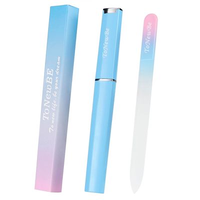 Glass Nail File in Case, Crystal Nail File, Glass Fingernail File, Czech Glass File, Double-Sided Etched Glass Nail File for Nail Art &amp; Nail Care, Christmas Gifts Stocking Stuffers (Pink-Blue)