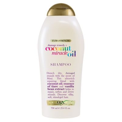 OGX Extra Strength Damage Remedy  Coconut Miracle Oil Shampoo for Dry, Frizzy or Coarse Hair, Hydrating &amp; Flyaway Taming Shampoo, Paraben-Free, Sulfate-Free Surfactants, 25.4 Fl Oz