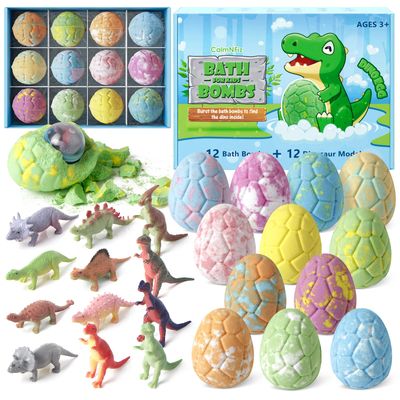 CalmNFiz Bath Bombs with Surprise Dinosaur Toys Inside, 12 Pack Organic and Natural Bubble Bath Bombs, Stocking Stuffers for Kids, Bath Bomb Set for HerHim